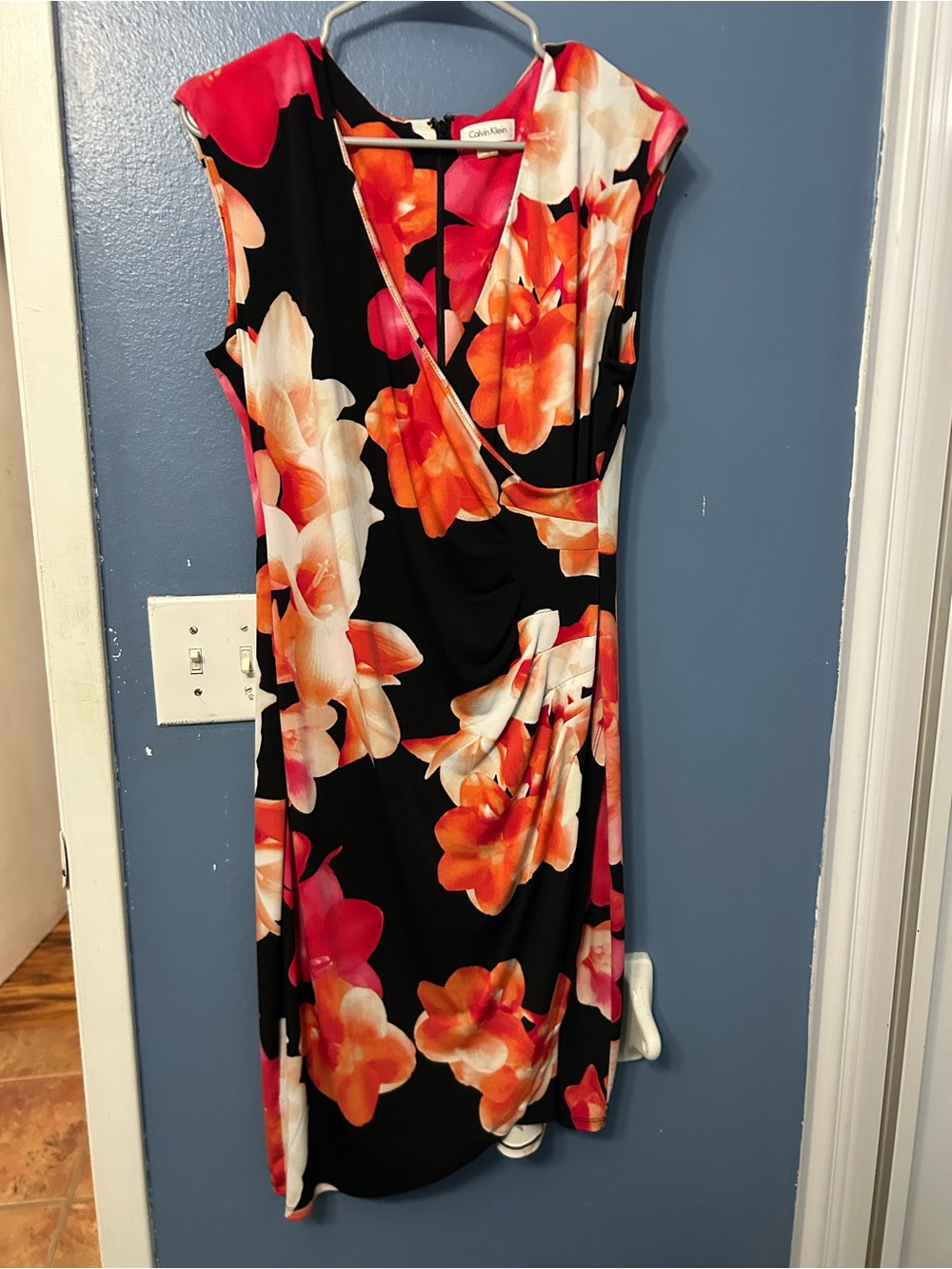 Calvin Klein Black Midi Dress with Pink, Orange and Cream Floral Print